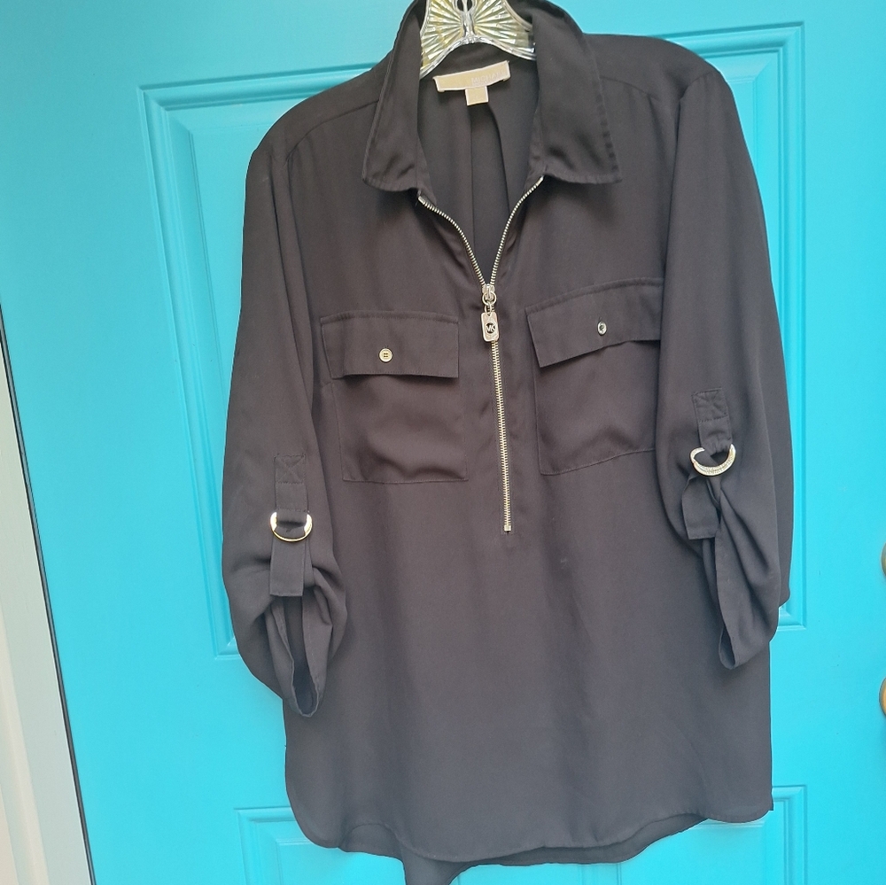 Michael Kors Top Blouse Zipper 3/4 Long Sleeves Collar Pockets Logo Hardware M - Picture 14 of 14